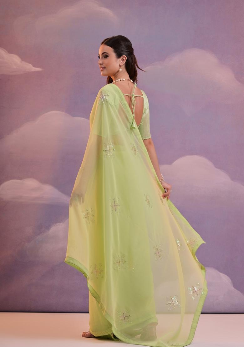 Green Embellished Georgette Saree Set - Indya