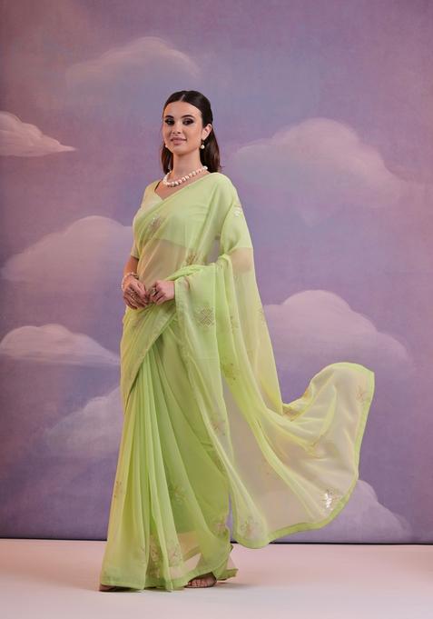 Green Embellished Georgette Saree Set