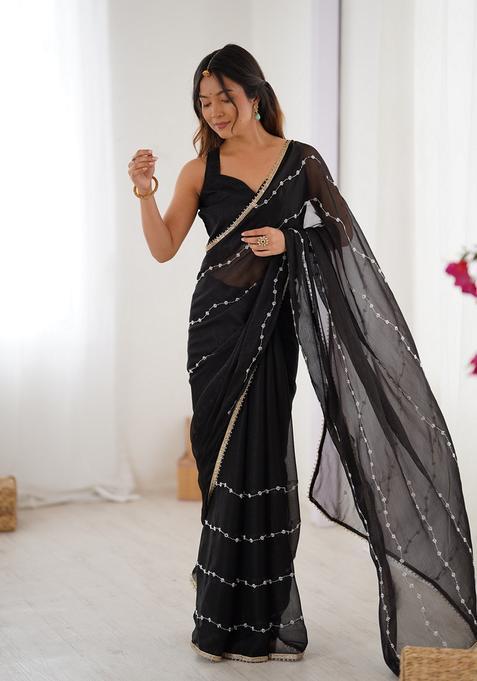 Black Embellished Silk Saree Set