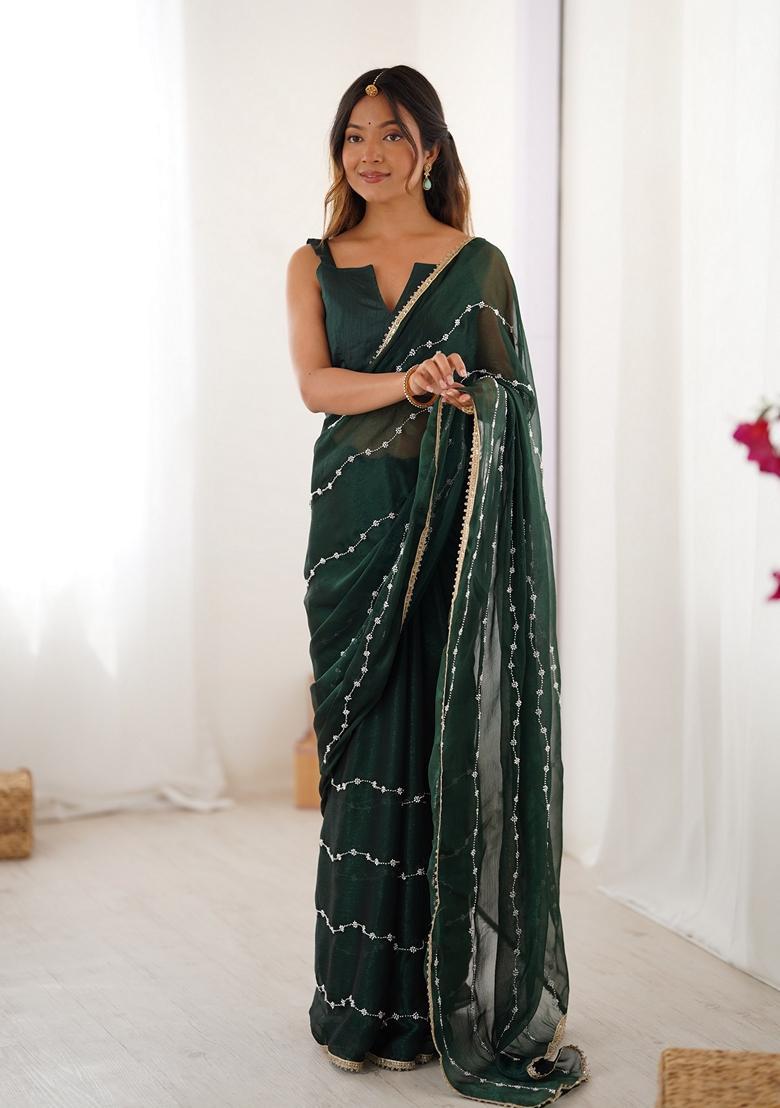 Green Embellished Silk Saree Set - Indya