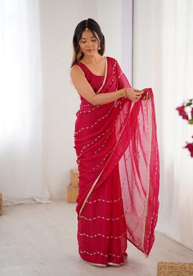 Pink Embellished Silk Saree Set