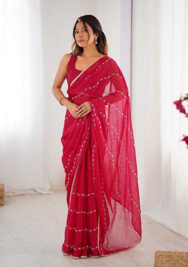 Pink Embellished Silk Saree Set - Indya