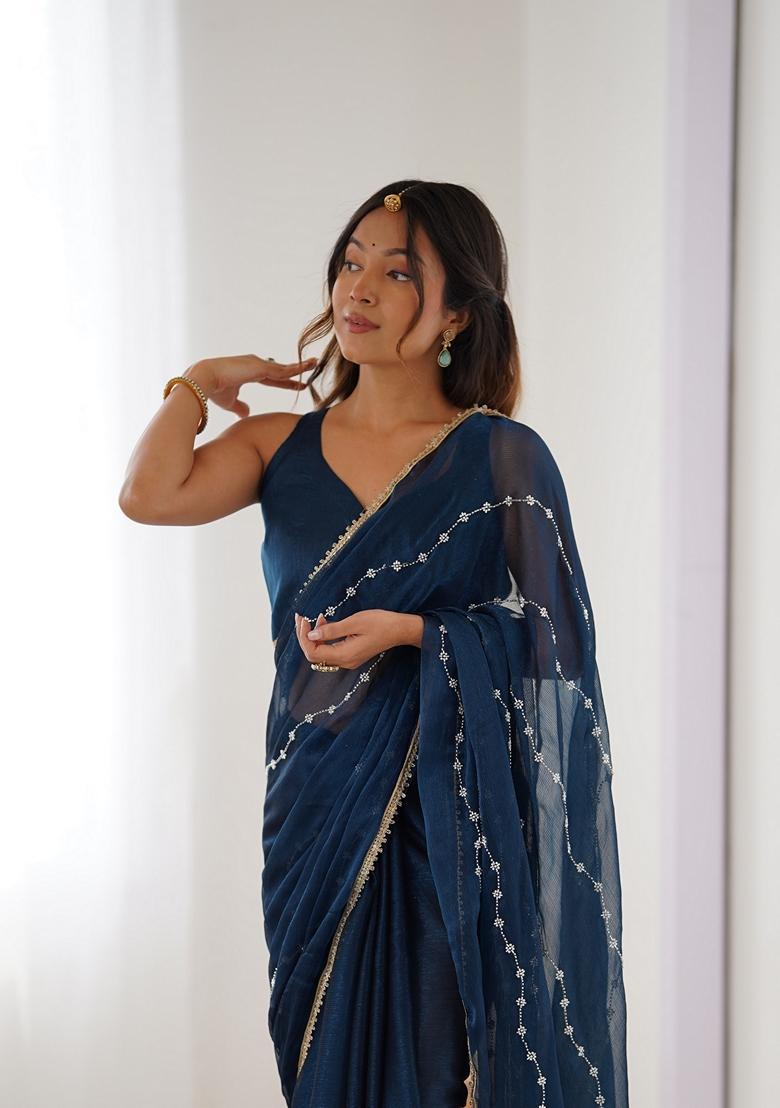 Teal Embellished Silk Saree Set - Indya