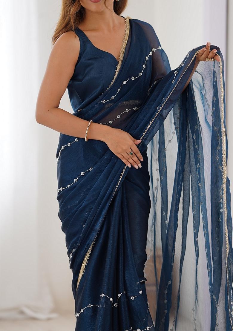 Teal Embellished Silk Saree Set - Indya