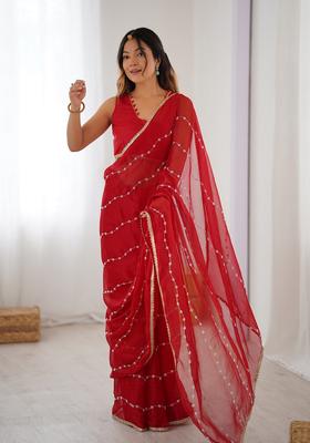 Red Embellished Silk Saree Set