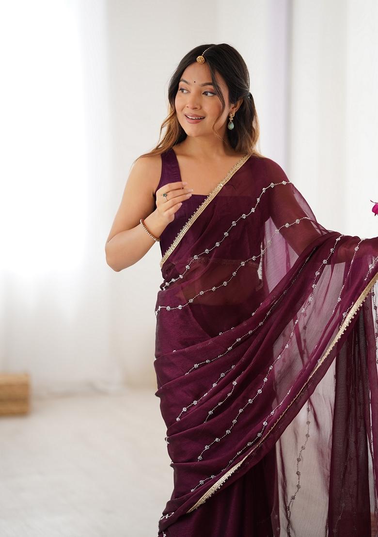 Wine Embellished Silk Saree Set - Indya