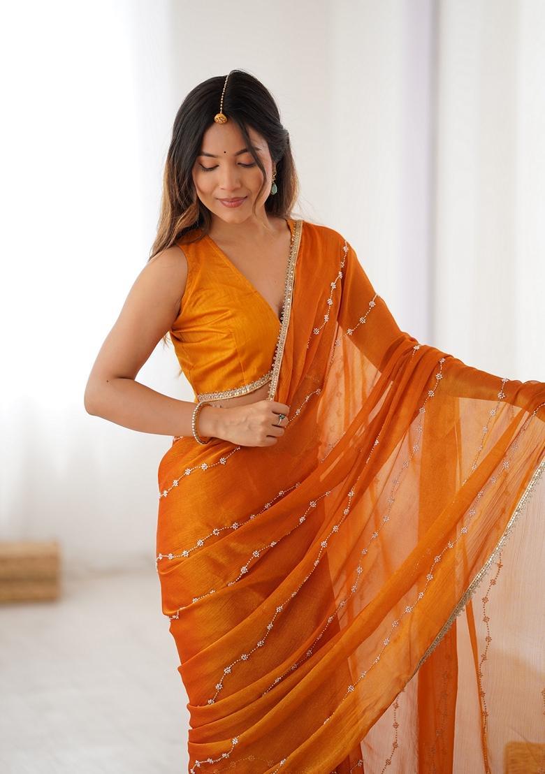 Mustard Embellished Silk Saree Set - Indya