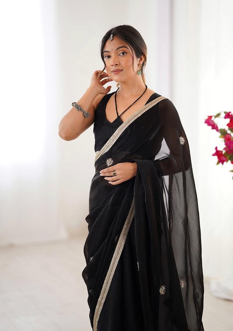 Black Embellished Silk Saree Set - Indya