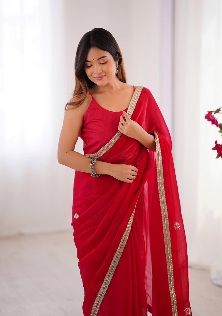 Red Embellished Silk Saree Set - Indya