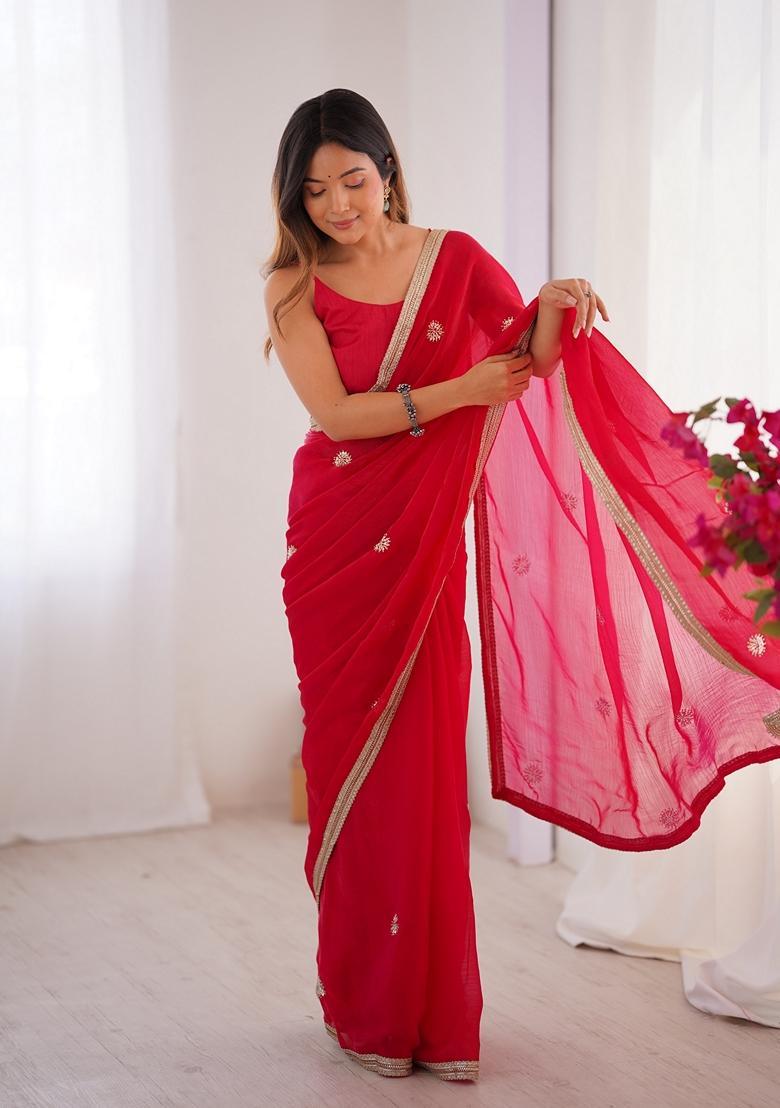 Red Embellished Silk Saree Set - Indya