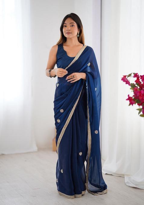 Teal Embellished Silk Saree Set