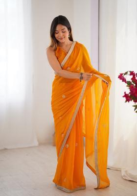 Yellow Embellished Silk Saree Set