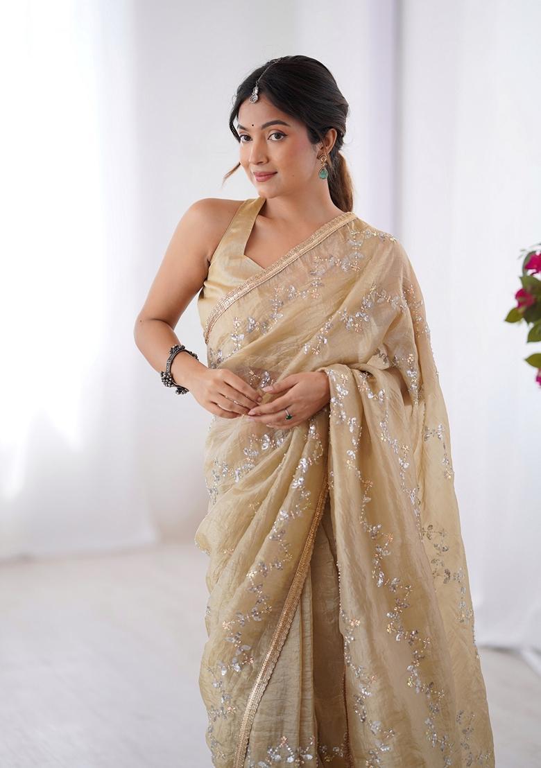 Gold Embellished Silk Saree Set - Indya