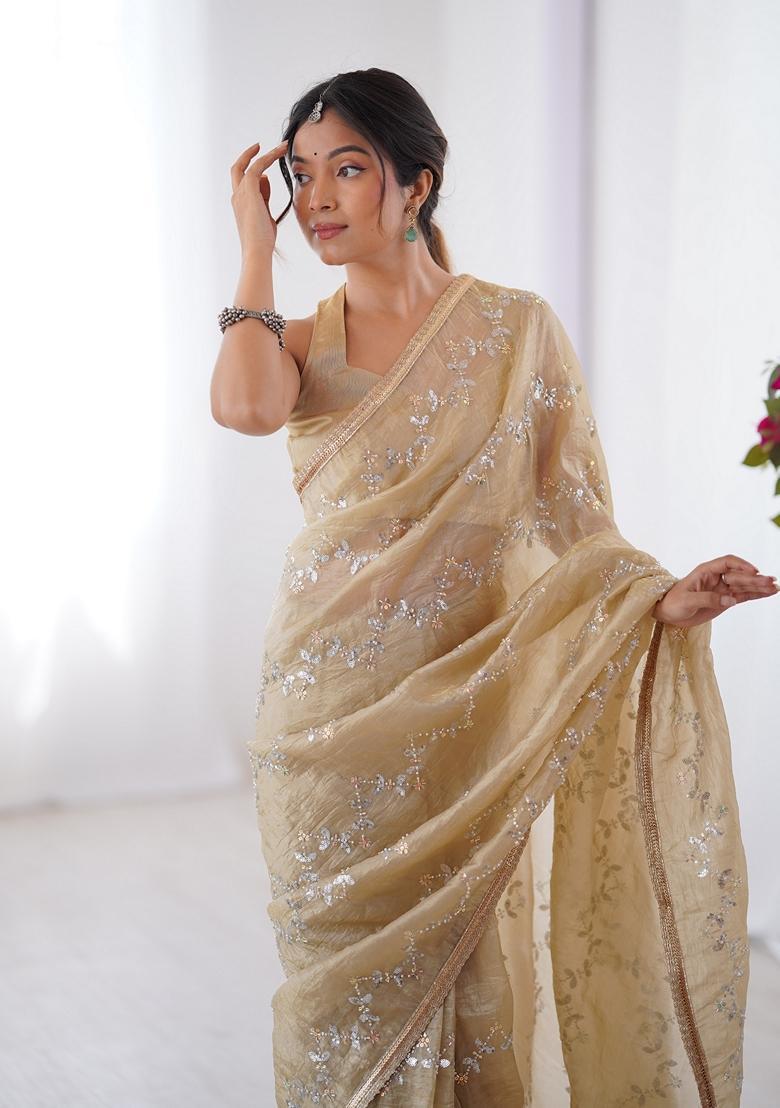 Gold Embellished Silk Saree Set - Indya