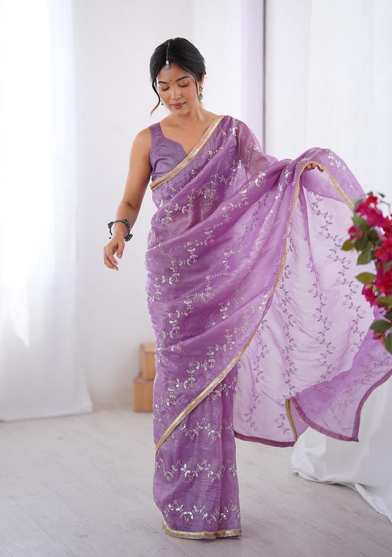 Mauve Embellished Silk Saree Set - Indya