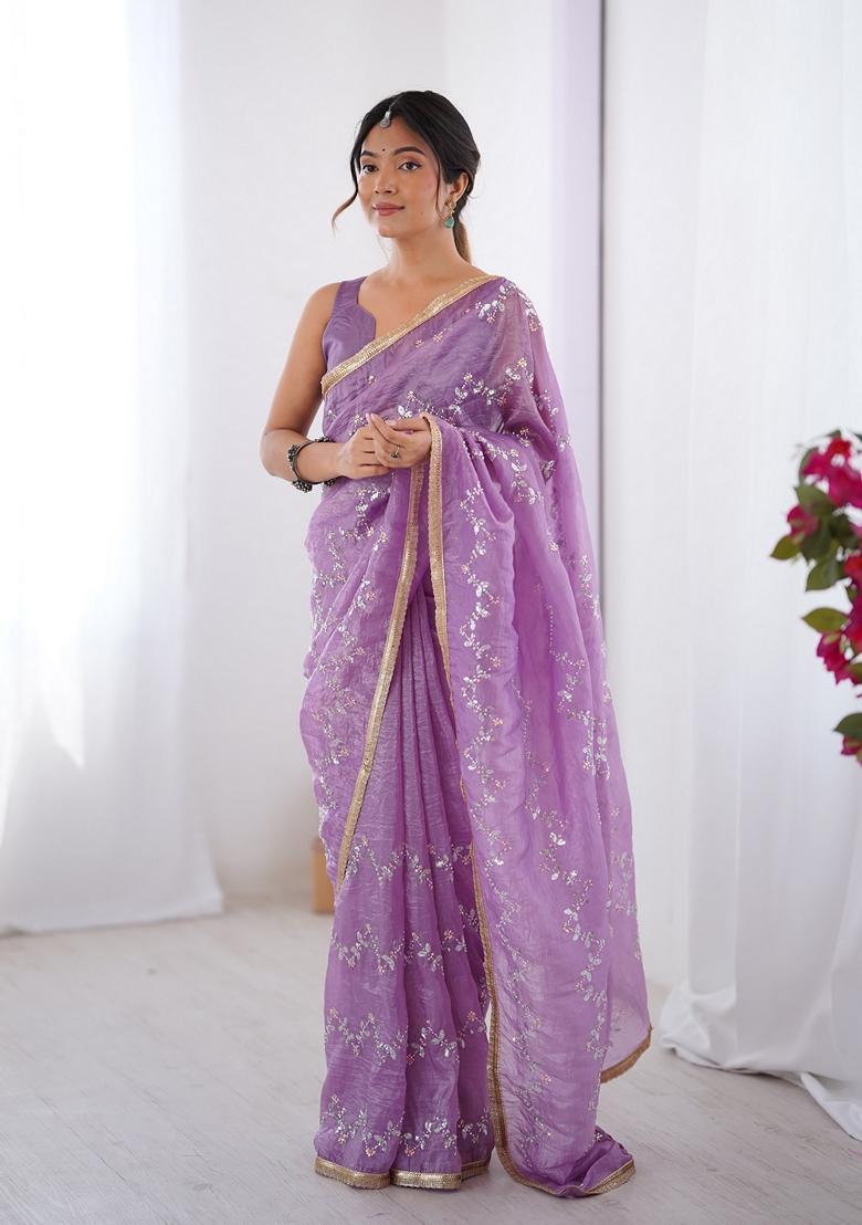 Mauve Embellished Silk Saree Set - Indya