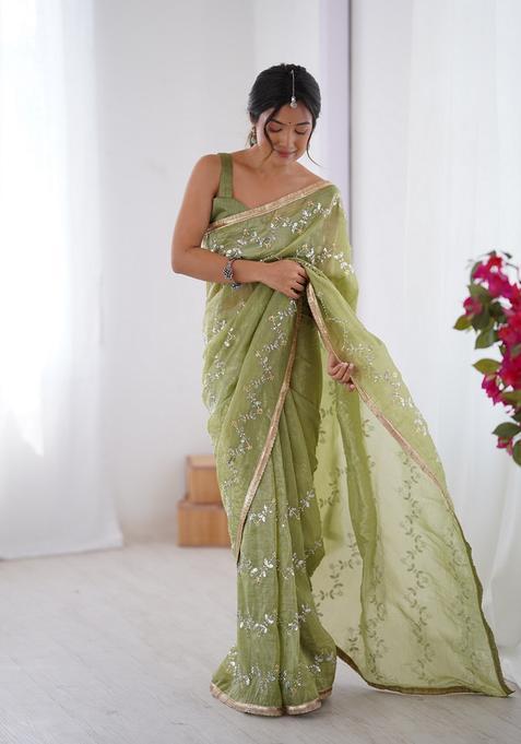 Green Embellished Silk Saree Set