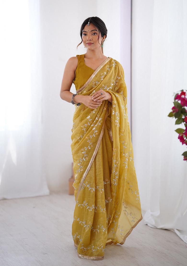 Yellow Embellished Silk Saree Set - Indya