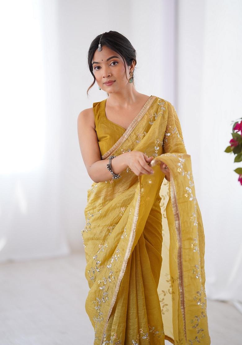 Yellow Embellished Silk Saree Set - Indya