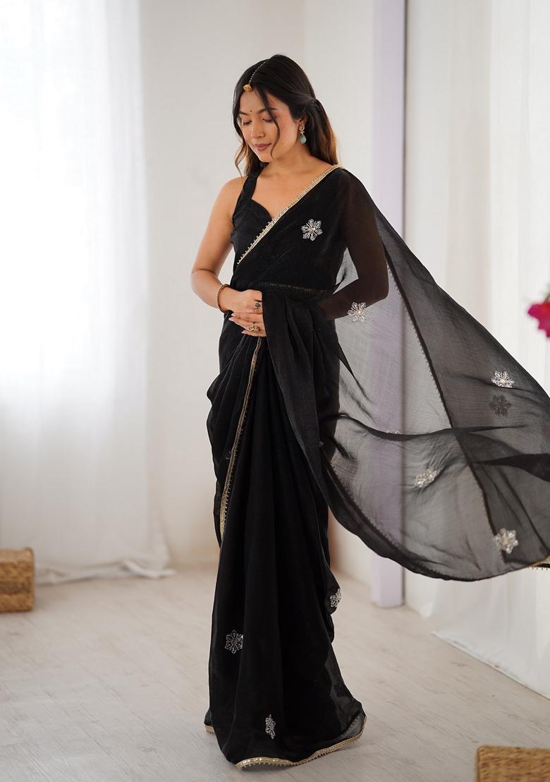 Black Embellished Silk Saree Set - Indya
