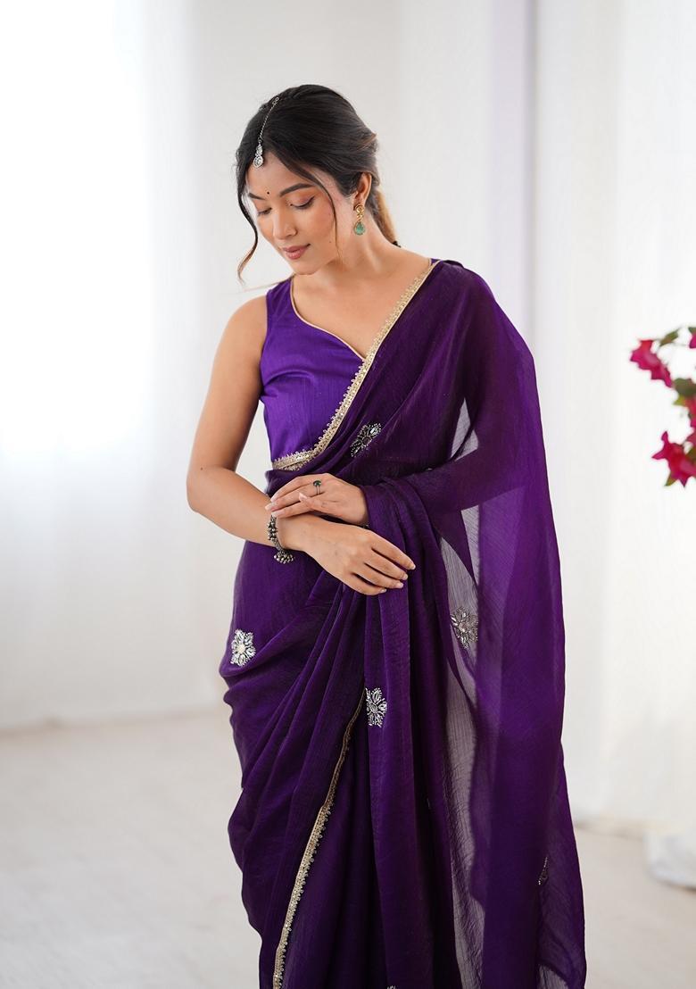 Purple Embellished Silk Saree Set - Indya