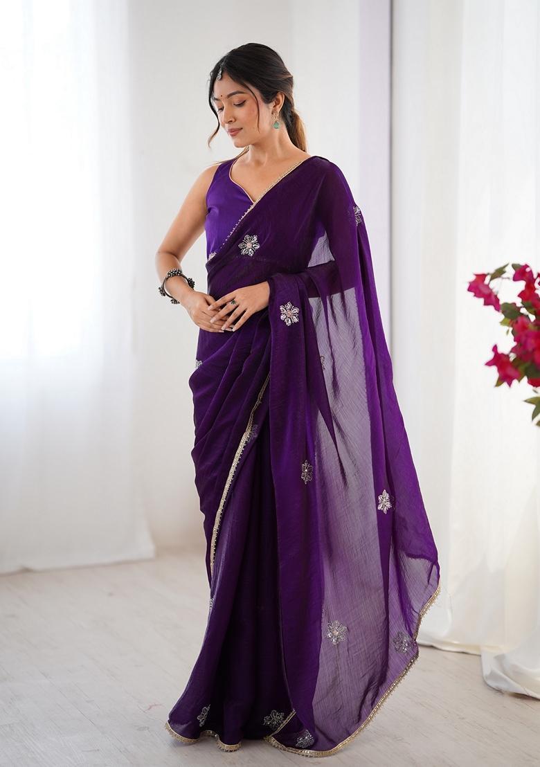 Purple Embellished Silk Saree Set - Indya