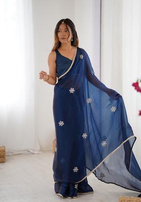 Teal Embellished Silk Saree Set