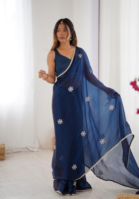 Teal Embellished Silk Saree Set