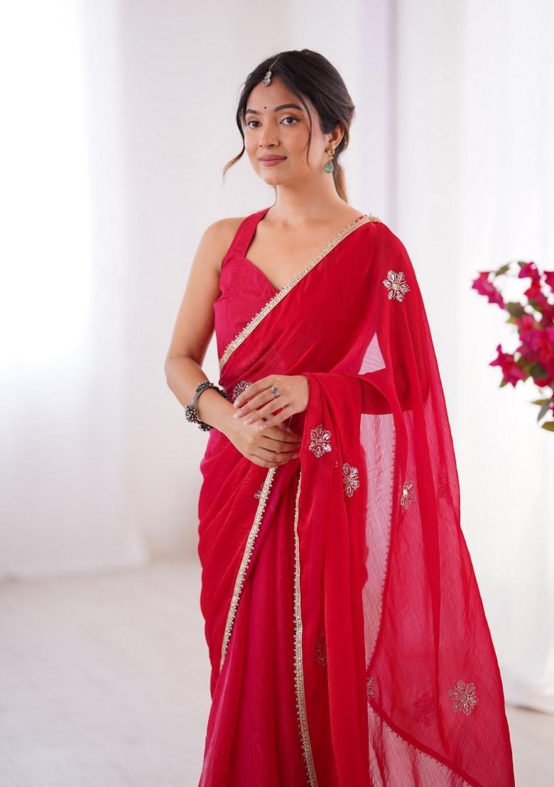 Red Embellished Silk Saree Set - Indya