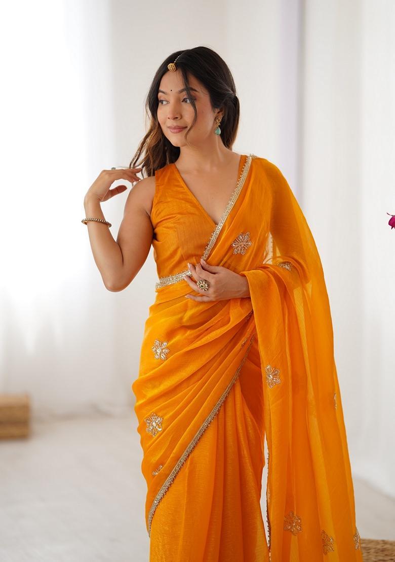 Mustard Embellished Silk Saree Set - Indya