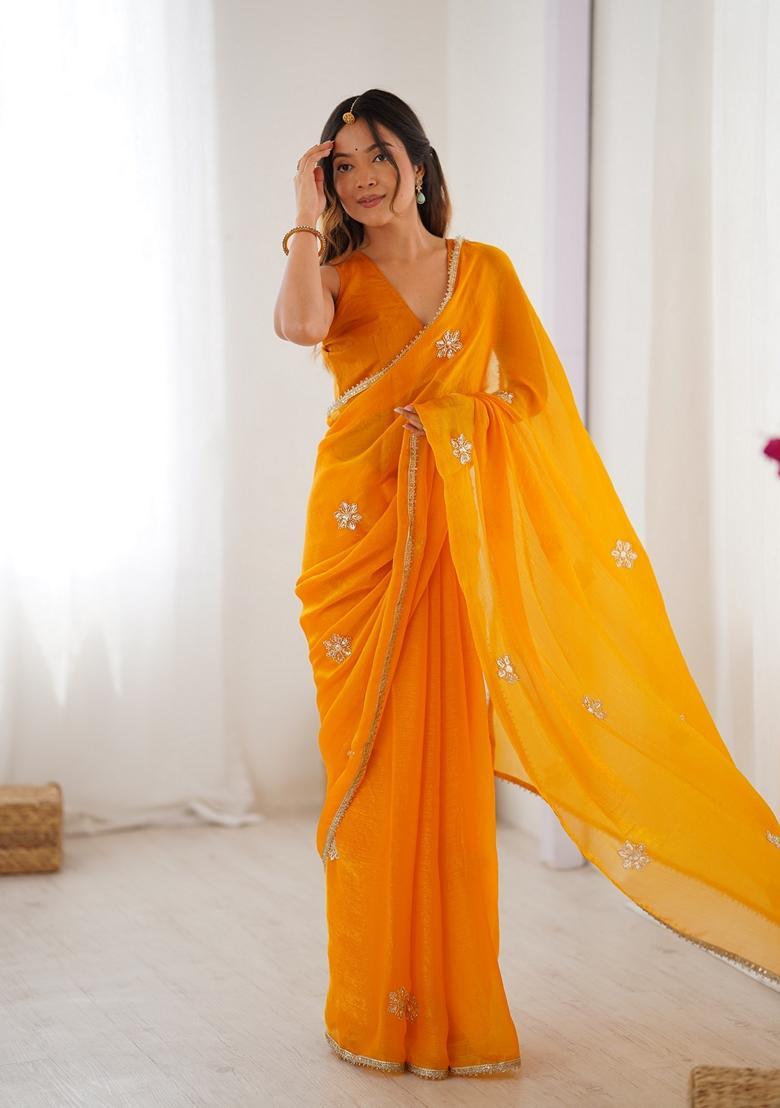 Mustard Embellished Silk Saree Set - Indya