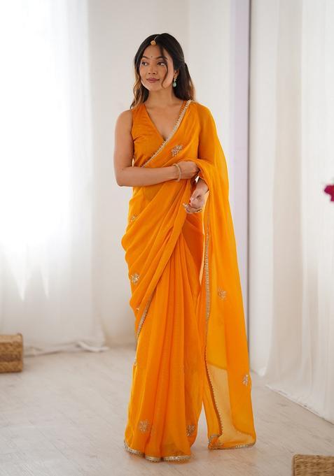 Mustard Embellished Silk Saree Set