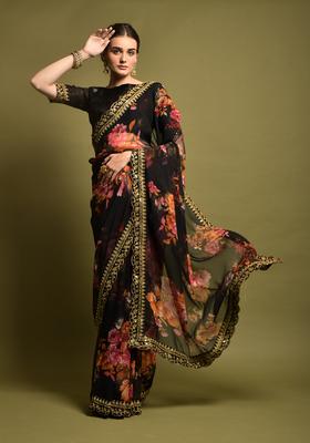 Black Lace Work Chiffon Saree Set