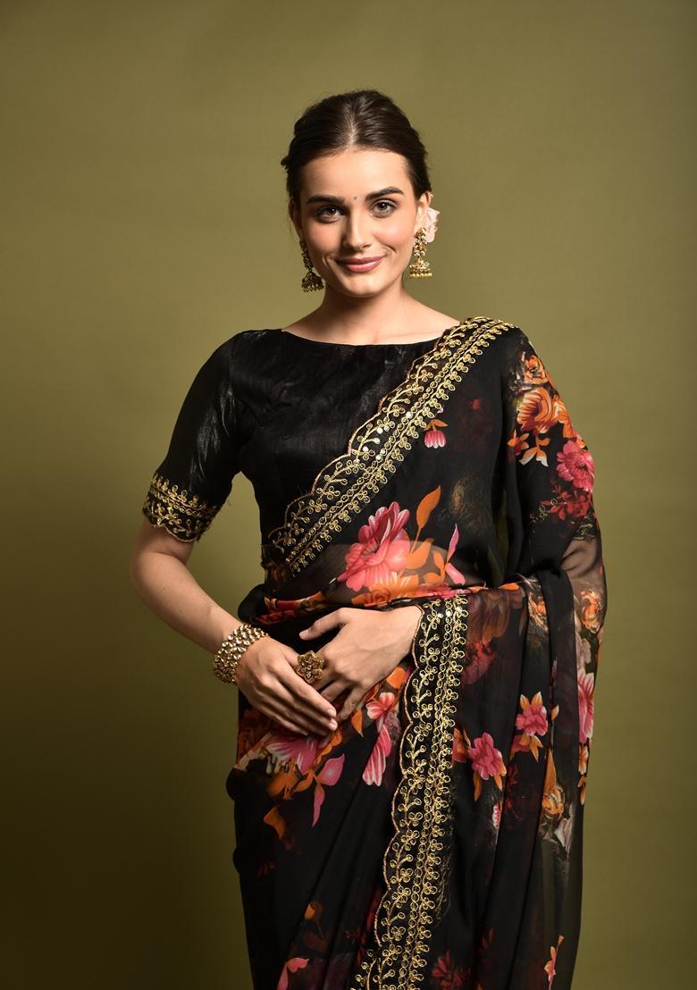 Black Lace Work Chiffon Saree Set - Indya