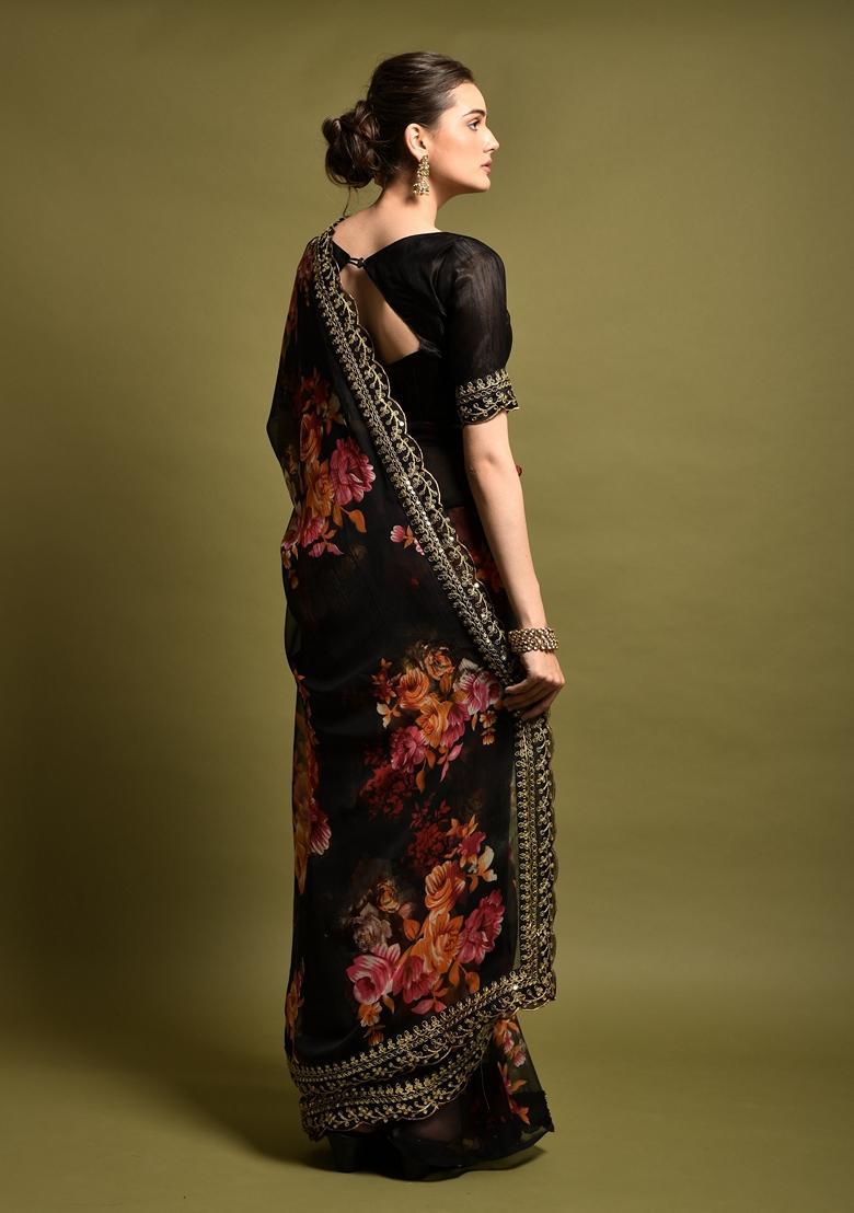Black Lace Work Chiffon Saree Set - Indya