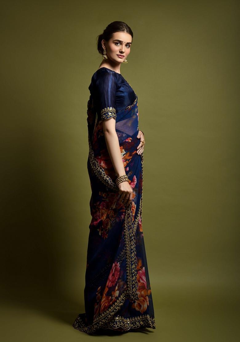 Blue Lace Work Chiffon Saree Set - Indya