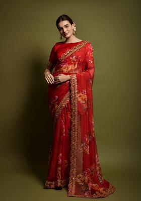 Red Lace Work Chiffon Saree Set
