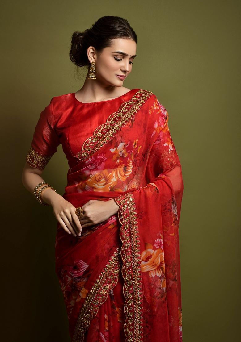 Red Lace Work Chiffon Saree Set - Indya