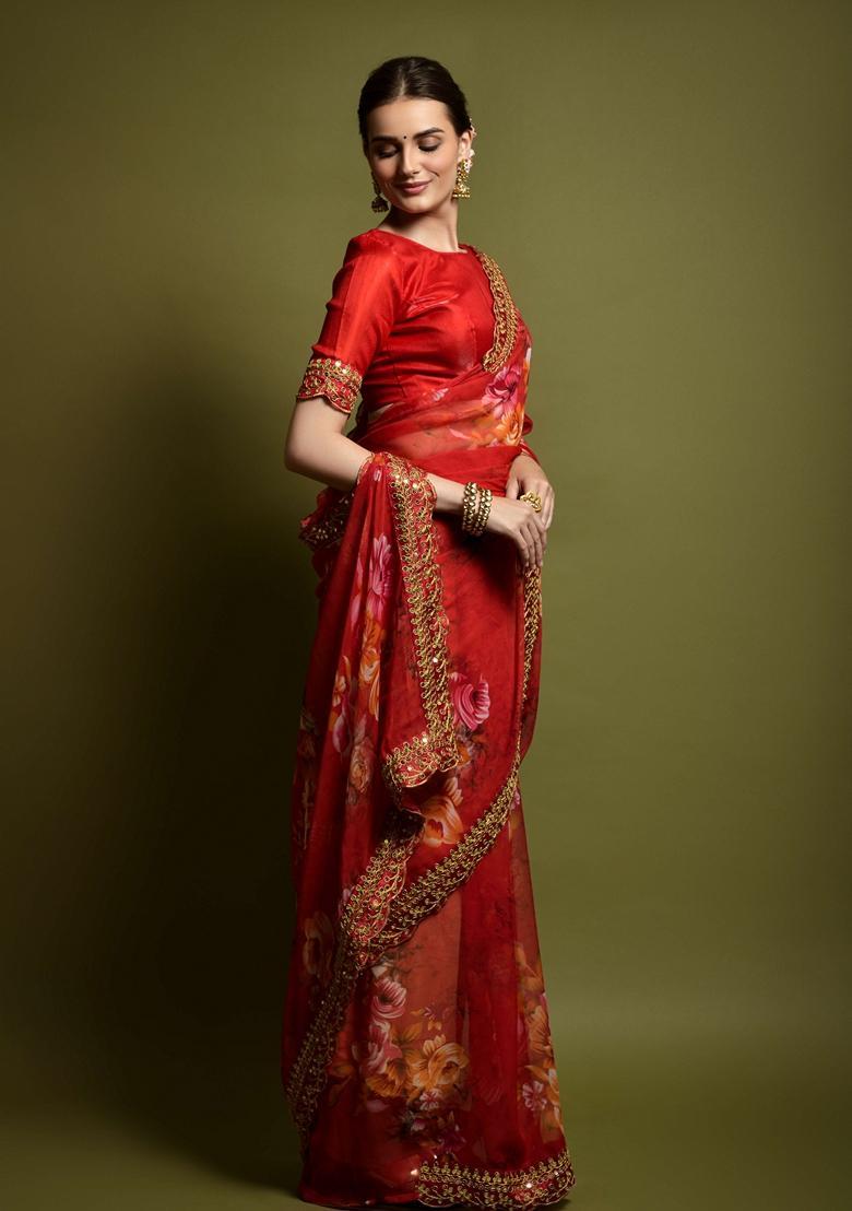 Red Lace Work Chiffon Saree Set - Indya