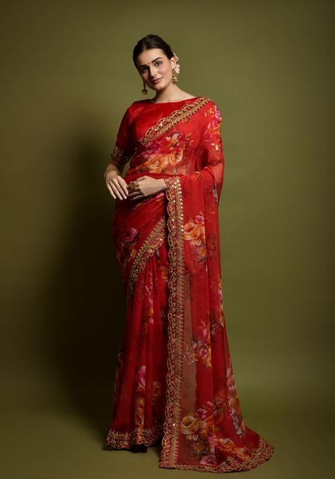 Red Lace Work Chiffon Saree Set