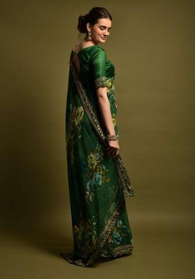Green Lace Work Chiffon Saree Set