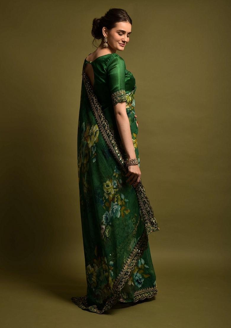 Green Lace Work Chiffon Saree Set - Indya