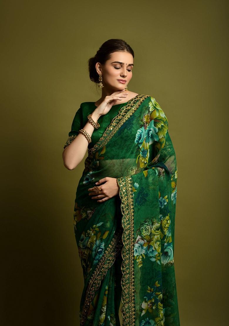 Green Lace Work Chiffon Saree Set - Indya