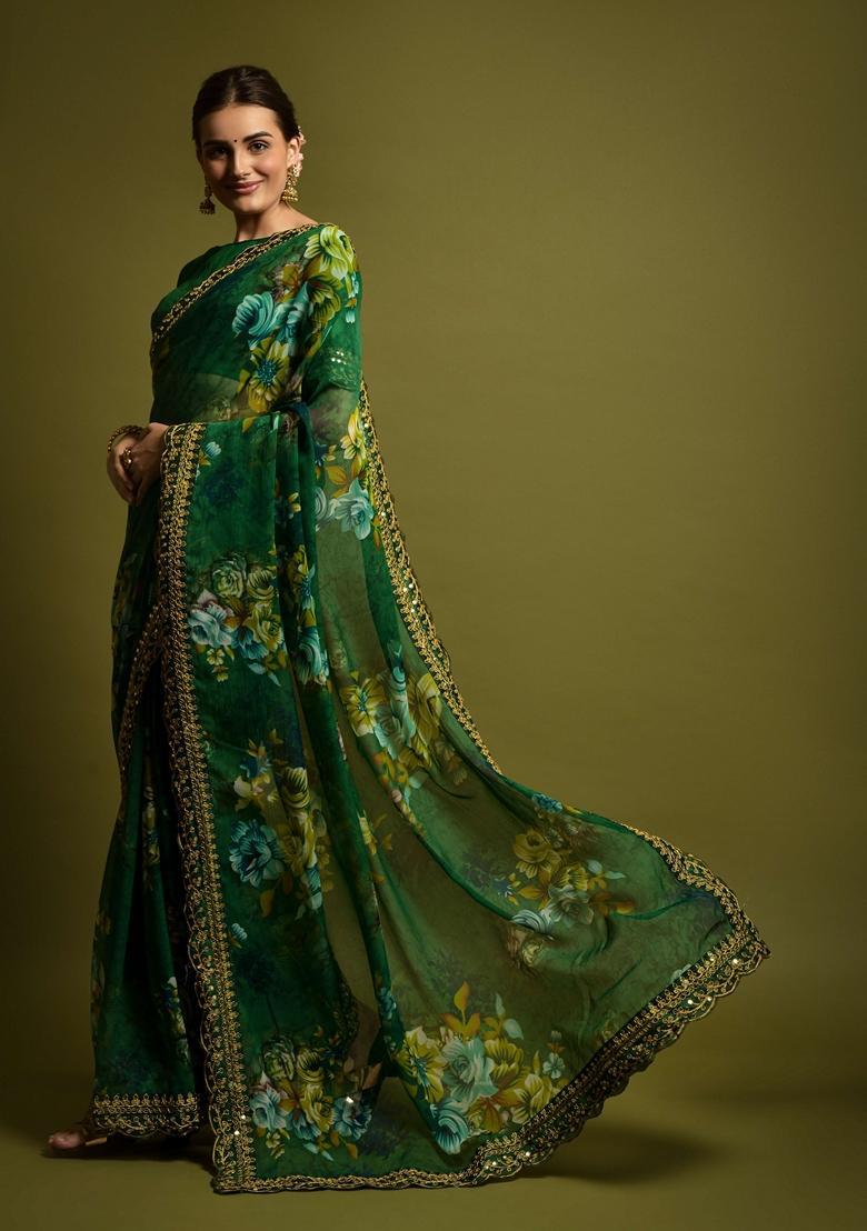 Green Lace Work Chiffon Saree Set - Indya