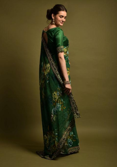 Green Lace Work Chiffon Saree Set