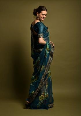 Teal Lace Work Chiffon Saree Set