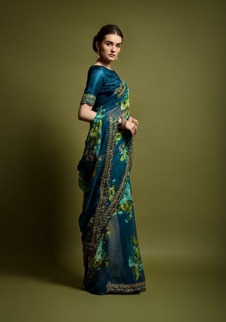 Teal Lace Work Chiffon Saree Set - Indya