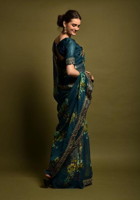 Teal Lace Work Chiffon Saree Set