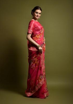 Pink Lace Work Chiffon Saree Set