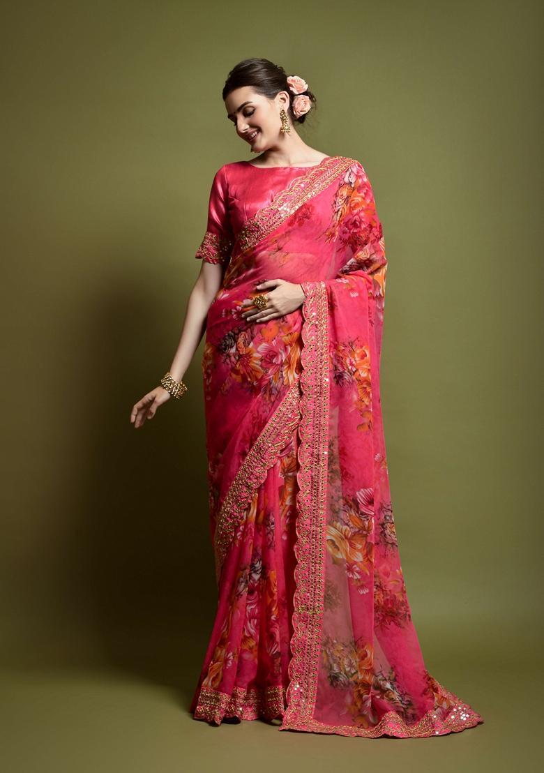 Pink Lace Work Chiffon Saree Set - Indya